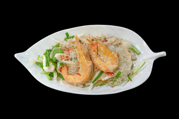 Shrimp Vermicelli Salad sea food or Spicy Salad on black background, focus selective.