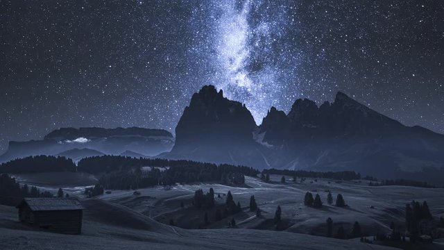 Alpe di Siusi and milky way at night, Dolomites, timelapse