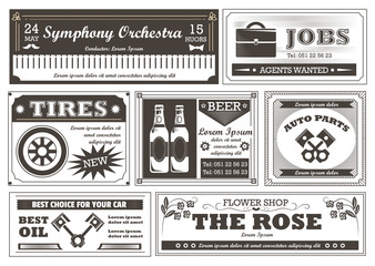 Advertisement in retro newspaper, vintage services advertising flyers