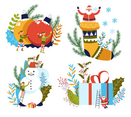 Christmas and New Year celebration, Santa and elves, isolated icons