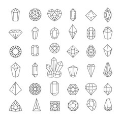 Crystal isolated icons, jewel or treasure outline symbol