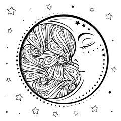 Beautiful ornamenral moon antistress coloring page. Adult coloring ethnic style black and white graphic.