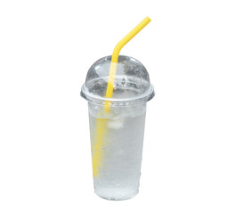 Glass of water wiith yellow straw isolated on white background with clipping path