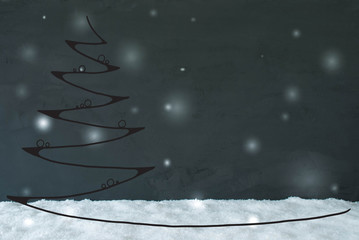 Line Sketch Of Christmas Tree With Ball Ornament. Black Cement Background With Copy Space And Snow And Snowflakes