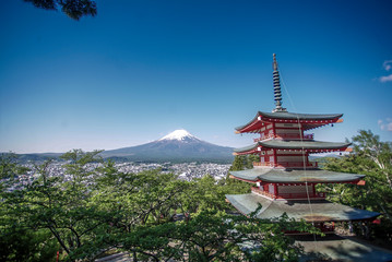 Fujiyoshida, Japan at Chureito Pagoda and Mt. Fuji in the summer