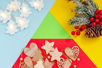 colorful Christmas background with space for text and wooden Christmas toys