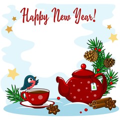 Beautiful New Year greeting card. With the image of a spruce branch, a teapot with a cup, sweets, cinnamon, bullfinch, branches of spruce and cones.