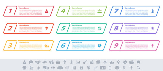 Infographic design business concept vector illustration with 9 steps or options or processes represent work flow or diagram or web button banner