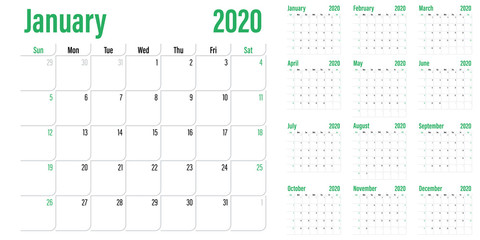 Calendar planner 2020 template vector illustration all 12 months week starts on Sunday and indicate weekends on Saturday and Sunday 