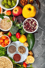 Selection of healthy food, clean eating concept, vegan foods. Top view, flat lay, copy space.