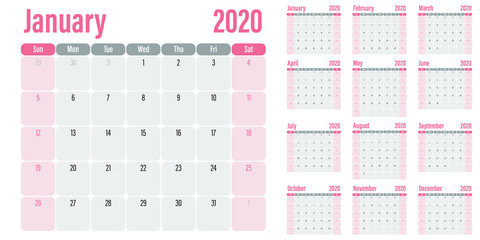 Calendar planner 2020 template vector illustration all 12 months week starts on Sunday and indicate weekends on Saturday and Sunday