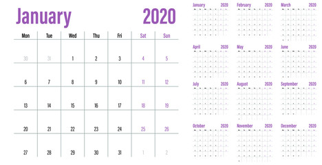 Calendar planner 2020 template vector illustration all 12 months week starts on Monday and indicate weekends on Saturday and Sunday 