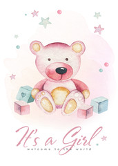Baby shower kid bear watercolor girl design elements. Set of baby pink birthday illustration. Newborn bears party invitation