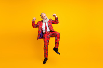 Fototapeta na wymiar Full size photo of cool stylish grandpa guy groom man at bachelor stag party win wedding contest wear red blazer tie pants outfit isolated yellow color background