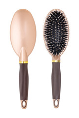 Hair combs isolated. Closeup of a stylish new modern hair brush in two views. Macro photo of front and rear view. Concept of body and beauty care.