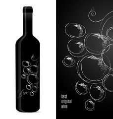 Label design for a bottle of wine with a bunch of grapes. Vector illustration.