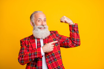 Close-up portrait of his he nice handsome cheerful cheery glad content gray-haired man macho...