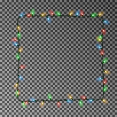 Christmas lights square vector, light frame isolated. Xmas light border effect. Vector illustration