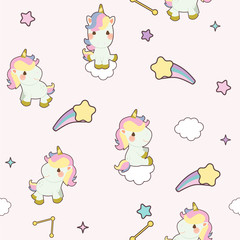 The seamless pattern background of cute cat playing with moon and planet with star ans cloud and rainbow in pink pastel background. The character of cute cat  in flat vector style.