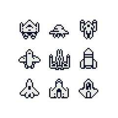 Ufo spaceship pixel art icon set. Cute spacecraft logo for game. Design for sticker, mobile app and embroidery. Game assets 8-bit sprite. 8-bit. Isolated vector illustration.  © thepolovinkin