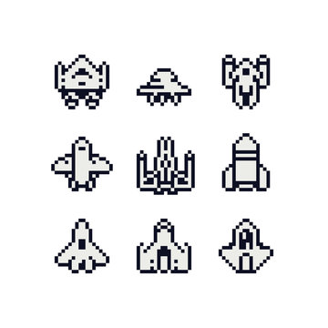 Ufo spaceship pixel art icon set. Cute spacecraft logo for game. Design for sticker, mobile app and embroidery. Game assets 8-bit sprite. 8-bit. Isolated vector illustration. 