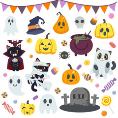 The collection of cute candy in halloween party. The collection of ghost design. The collection of halloween party on blue background in flat vector style.