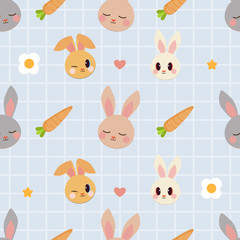 The seamless pattern of rabbits and carrot and star and mini heart on blue background. the pattern of face of rabbit on the blue background. the cute seamless background in flat vector style.