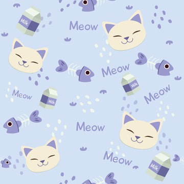 The seamless pattern of cute head of cat with fishbone and milkbox in blue background. The pattern of cute cat in blue background. The character of cute cat in flat vector style.