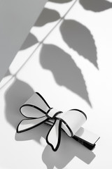 Subject shot of a cambered hair clip made of white glazy material in the form of a bow-knot with a black stripe. The image is made in the studio on the white surface with shadows of the leaves. © RedUmbrella&Donkey