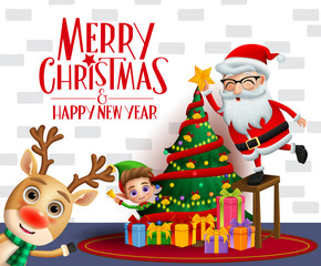 Christmas vector background design. Merry christmas and happy new year text with xmas characters of reindeer, elf and santa claus with happy face putting stars in colorful christmas tree and gifts .