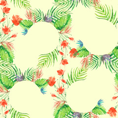 Seamless watercolor pattern. tropical plants, palm leaves, flowers. Vegetable ornament. Watercolor card, invitation, logo. Exotic pattern, bamboo stalk, fern, palm leaf, beautiful ornament.