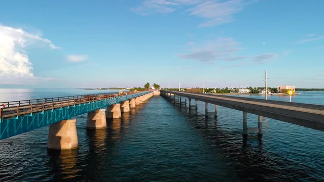 Aerial footage between 2 bridges in Florida Keys
