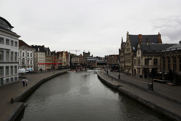 Gothic architecture buildings and castle in Ghent streets in Belgium
