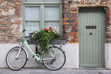 Bicycle parked near the building house wall with green door and window, flowers