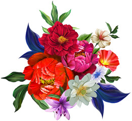 floral illustration - bouquet with bright pink vivid flowers, green leaves, for wedding stationary, greetings, wallpapers, fashion, backgrounds, textures, DIY, wrappers, cards