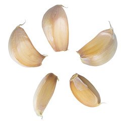 Clove garlic set isolated on white background. top view, with clipping path.