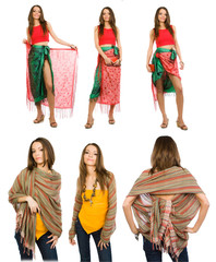 Happy girl demonstrates the options for using a neckerchief like clothes. 6 in 1