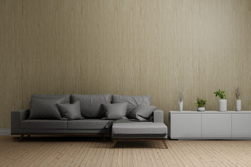 modern living room interior design with sofa and wooden beige wall, 3d rendering