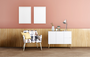 minimal interior of a living room with wooden wall and floor, 3d rendering