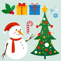 Christmas vector collection with a snowman, Christmas tree and gifts. Vector illustration.