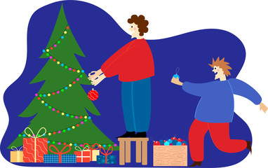 Cartoon flat illustration - New year's holidays. Two young men gay in Christmas warm winter sweaters, hold hands. Garland hanging around, box with colorful Christmas balls