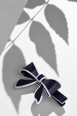 Subject shot of a cambered hair clip made of black glazy material in the form of a bow-knot with a white stripe. The image is made in the studio on the white surface with shadows of the leaves. © RedUmbrella&Donkey