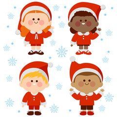 Children in Christmas Santa Claus costumes. Vector illustration