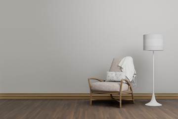 interior of room with white concrete wall and wooden floor, 3d rendering