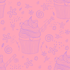 Hand drawn seamless pattern cupcakes with berries, straw and in various cute doodle elements. Vector illustration.