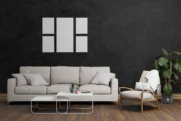 modern loft interior design of living room with black wall, 3D render background