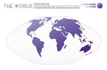 Abstract world map. McBryde-Thomas flat-polar sinusoidal equal-area projection of the world. Purple shades colored polygons. Elegant vector illustration.