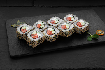 Sushi, rolls, fish dishes. Seafood delicacies