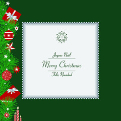 Fototapeta na wymiar Carte en forme de cadre pour Noël, rouge, blanc et vert, décoré de branches de sapin et de cadeaux - texte anglais, français et espagnol, traduction : bon Noël.