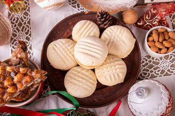 Traditional american Christmas cookies biscuits Melting Moments on wooden background.. Christmas New Year ornament decorations.